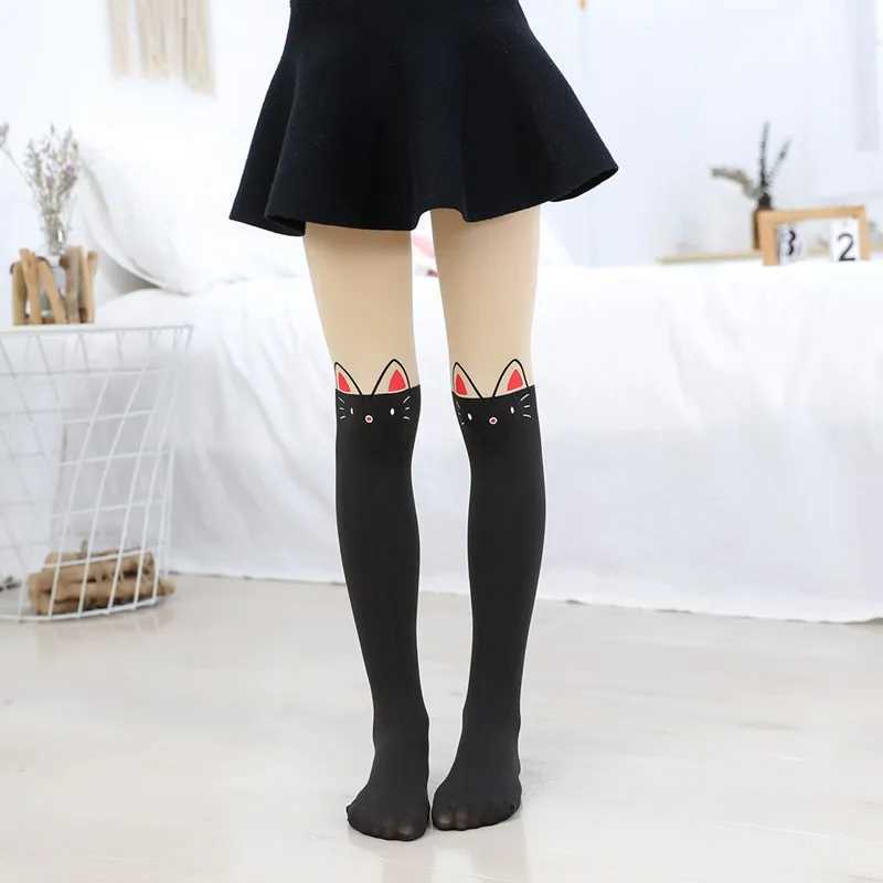 Spring autumn warm children Baby Kids tights printing Cartoon Animal Bear pantyhose cat kawaii Knee tattoo Student girl stocking Y240906