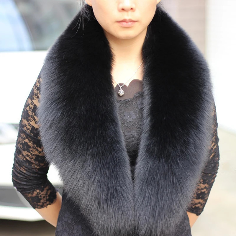 Natural 100% genuine fox fur scarf for women warm decoration fox fur collar winter fashion silver fox scarf solid color thick black shawl 240906