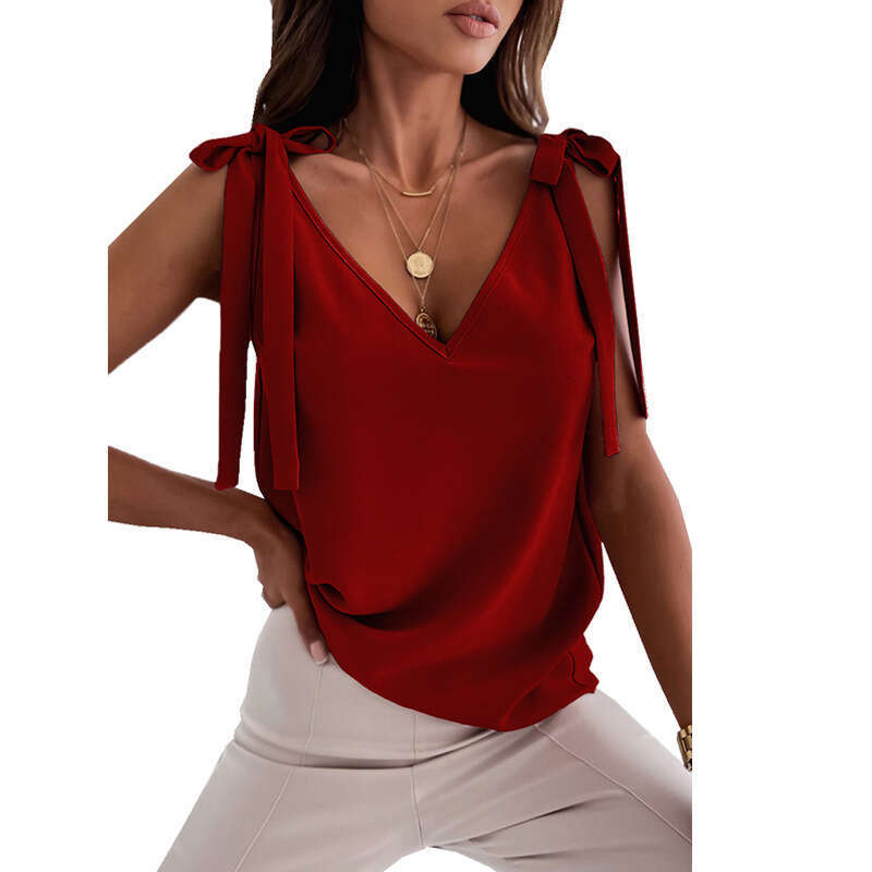 2024 Shoulder Bow Strap Small Tank Women's Summer Sweet V-neck Top