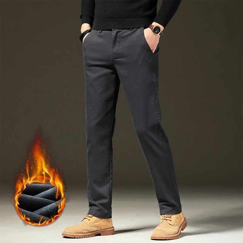clothing winter wool warm casual pants mens cotton elastic waist brown gray diagonal work ultrathin flocking goods 240905