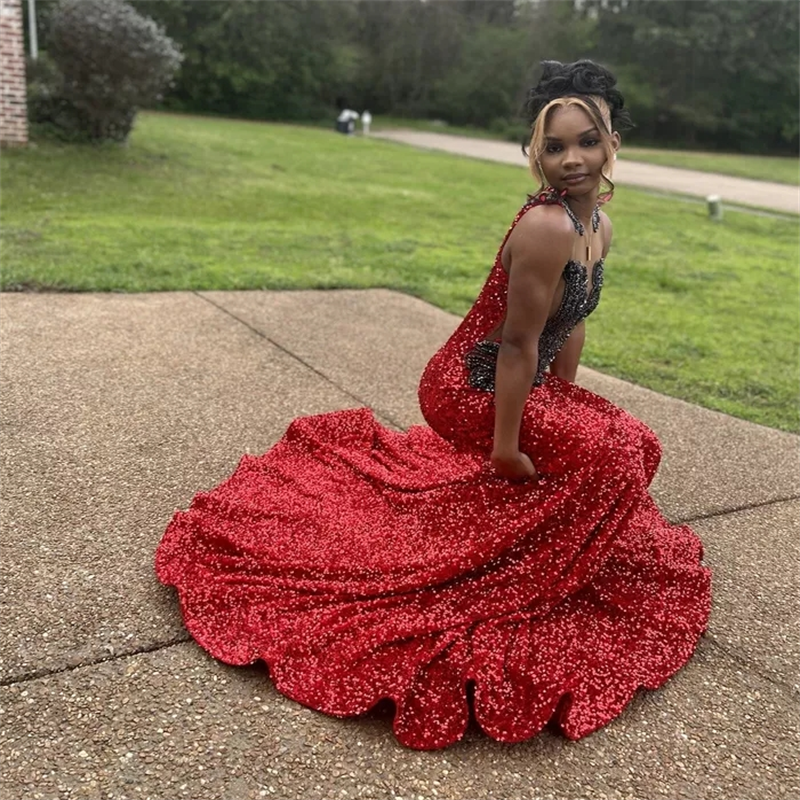 Black And Red Prom Dresses For Black Women Gorgeous Crystal Mermaid Evening Dress 2025 African Sleeveless Sequin Birthday Formal Occasion Party Gown V