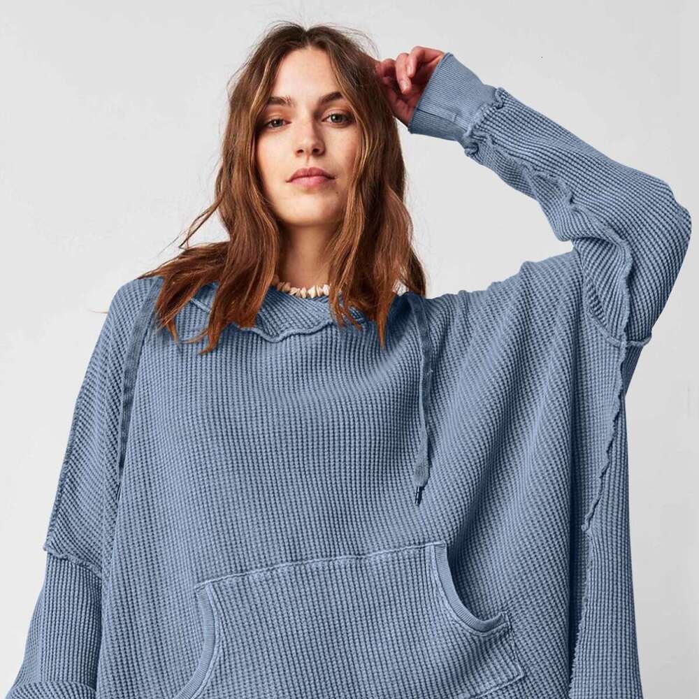 2024 Autumn Women's Loose Trendy Brand Solid Color Hoodie Waffle Long Sleeve Coat