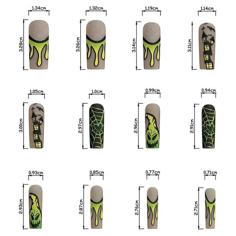 24 Halloween pressed long brown matte fake nails yellow green gradient ghost castle spider web flame fake nails W240905