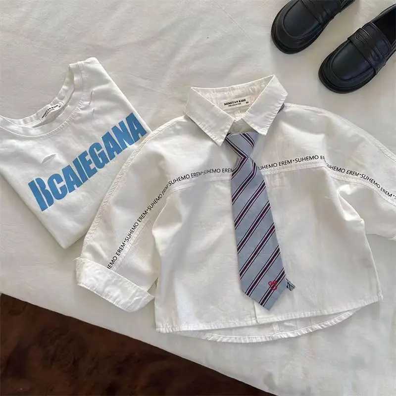Childrens Shirts 2023 Spring And Autumn New Boys And Girls Letter Tie Long Sleeve Baby Academy Style Simple White Shirt Trend Y240906