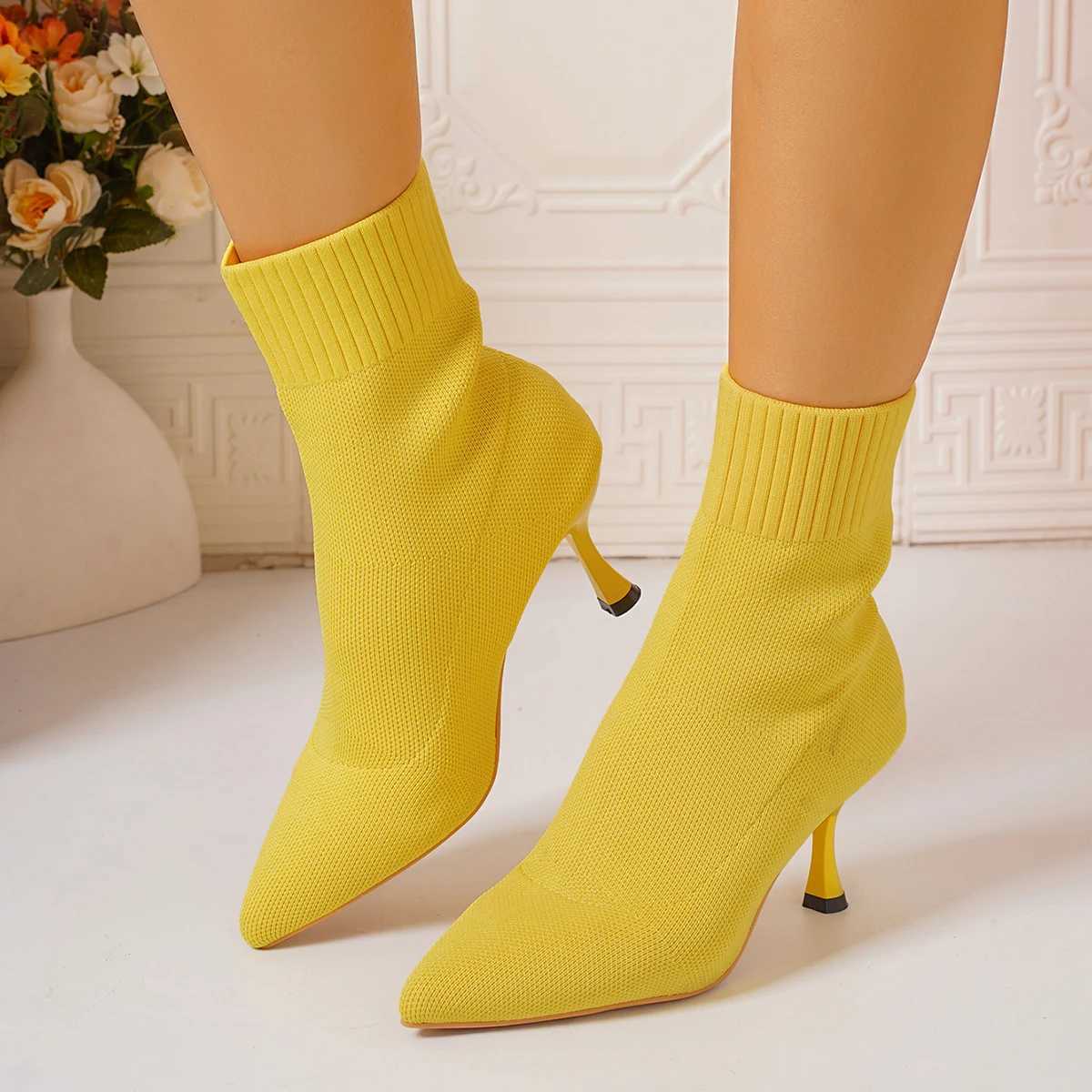 Womens short high heels womens autumn and winter Botas Mujer knitted ankle boots black socks womens high heels CL240906