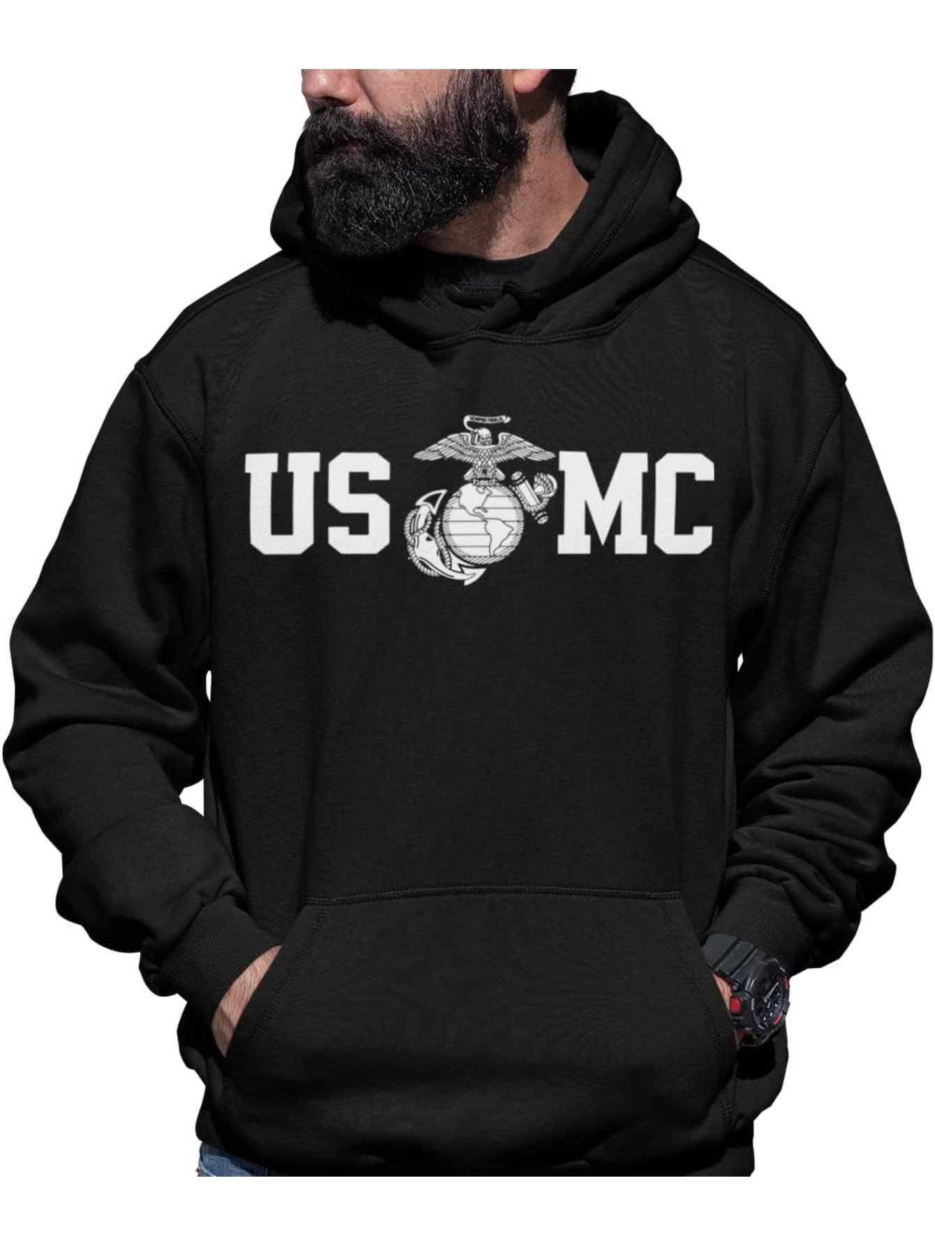 Lucky Ride Marine Corps USMC SWEATSHIRT HOODIE with Globe in CENTER, Trendy Cotton Hooded Sweatshirt, Street Style Sweatshirt, Crew Neck Sweatshirt, U
