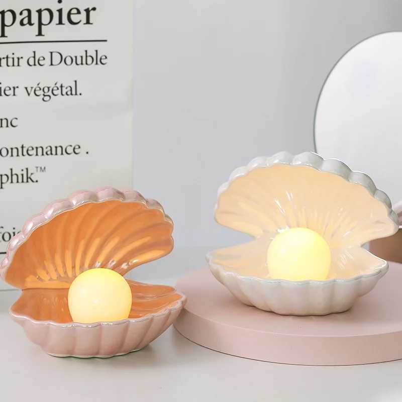 D2 night light ceramic shell pearl table lamp bedroom decoration string lamp fairy decoration bedside lamp W240816