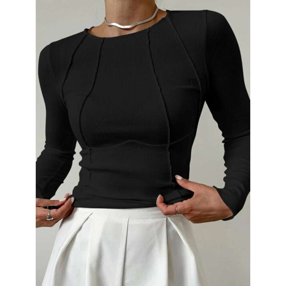 Solid color split chest long sleeved round neck T-shirt 2024 Spring and Autumn New Top for Women
