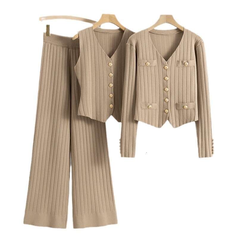 Korean version slim fit small fragrant style wide leg pants sweater three piece for women 2024 Spring and Autumn new vest knitted cardigan set