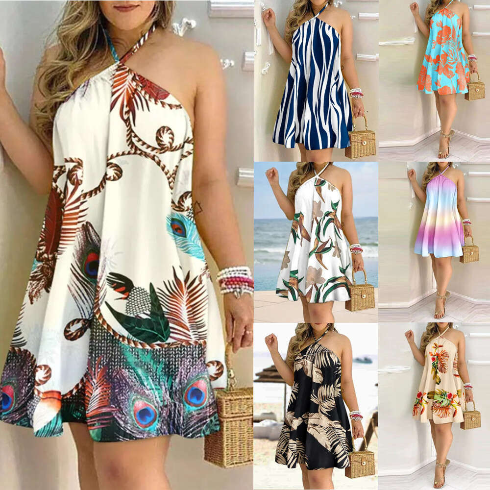 2024 Summer Printed Off Shoulder Neck Lace Loose Women's Dress for Women