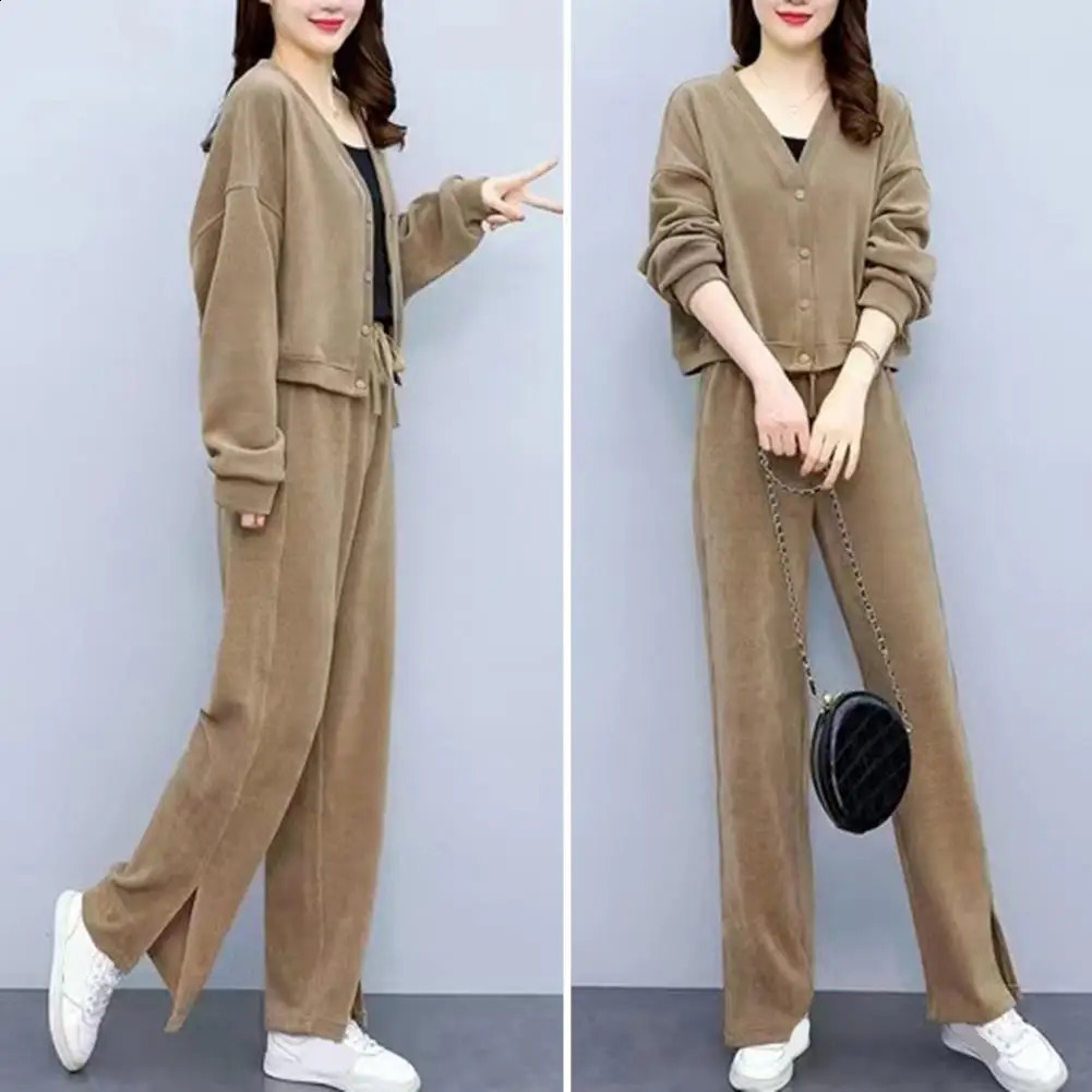 Casual two-piece elastic waist pants set for womens winter cardigan pants set single breasted jacket wide legs suitable for autumn 240903