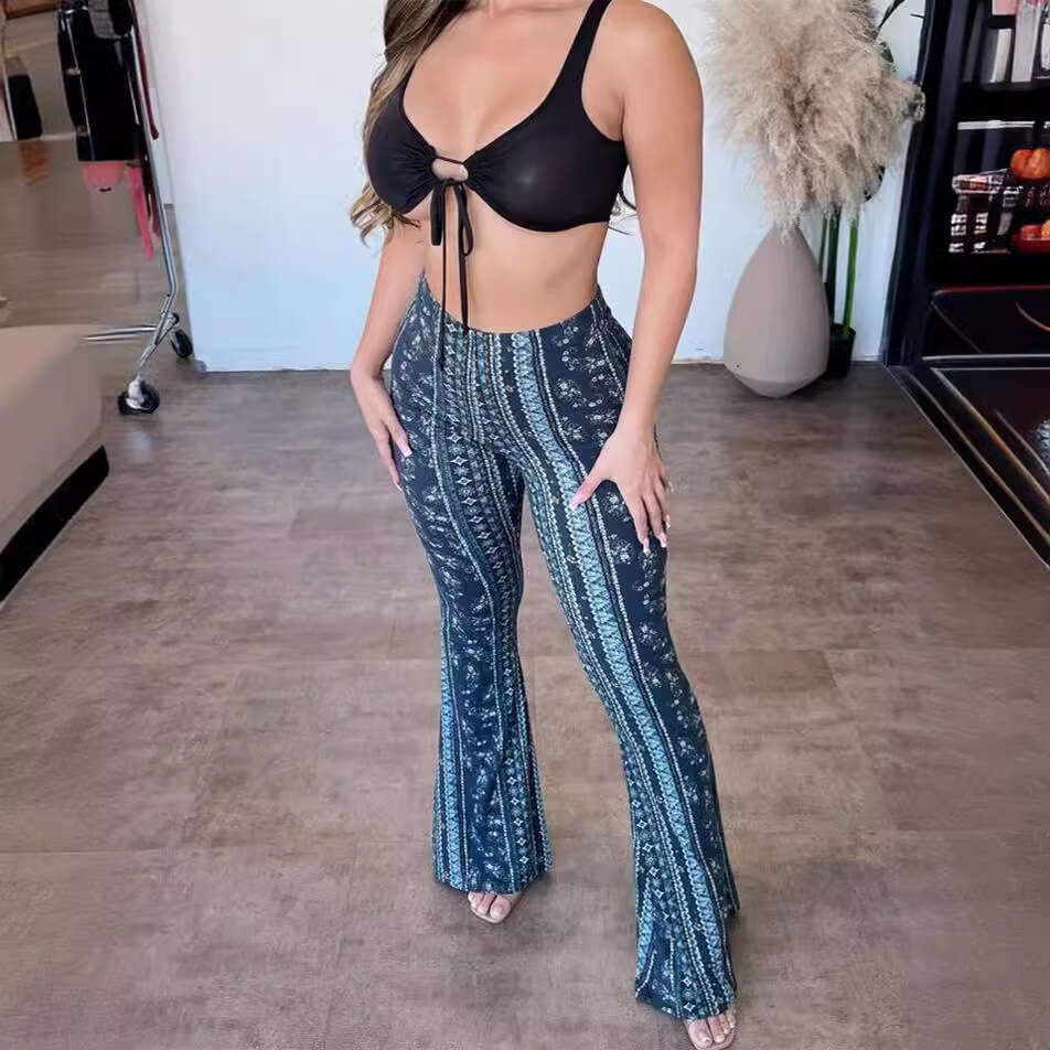 2024 new high elasticity tight fitting micro flared sexy printed pants for women