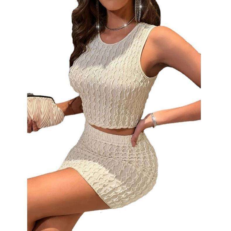 2024 Summer New Sexy Round Neck Slim Fit Small Tank Top High Waist Wrap Hip Tight Skirt Set