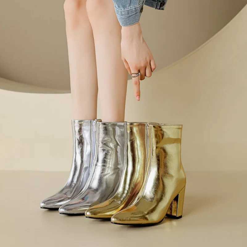 Autumn and Winter New Fashion High Heels Womens Boots Gold Silver Sexy Party Square High Heels Womens Boots Size 34-46 CL240906