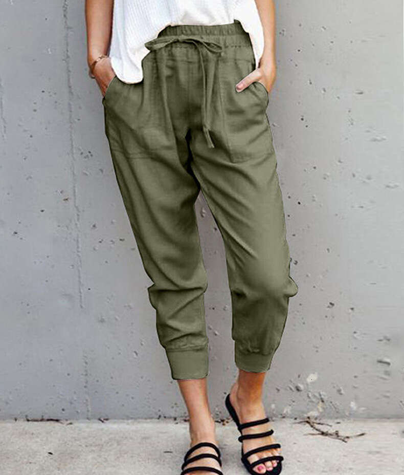 Summer New Cotton Hemp Solid Color Simple Lace up Casual for Women's Slim Fit and Slimming 9-inch Small Feet Pants
