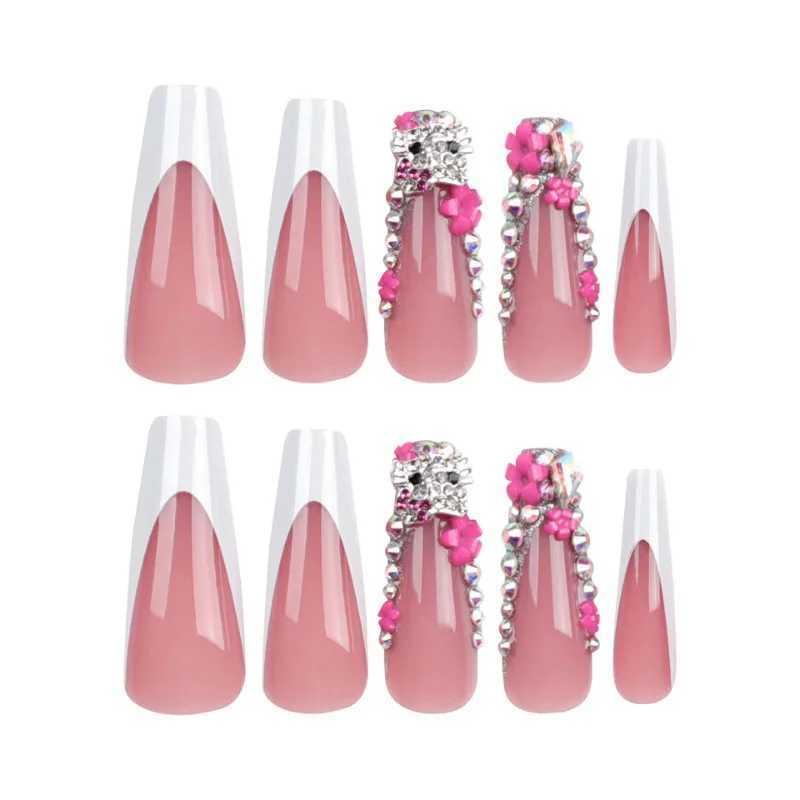 24pcs/set of Y2K fake nail art featuring Hellokity Rhinestone French white border design wearable long fan-shaped nail tips handmade patches W240905