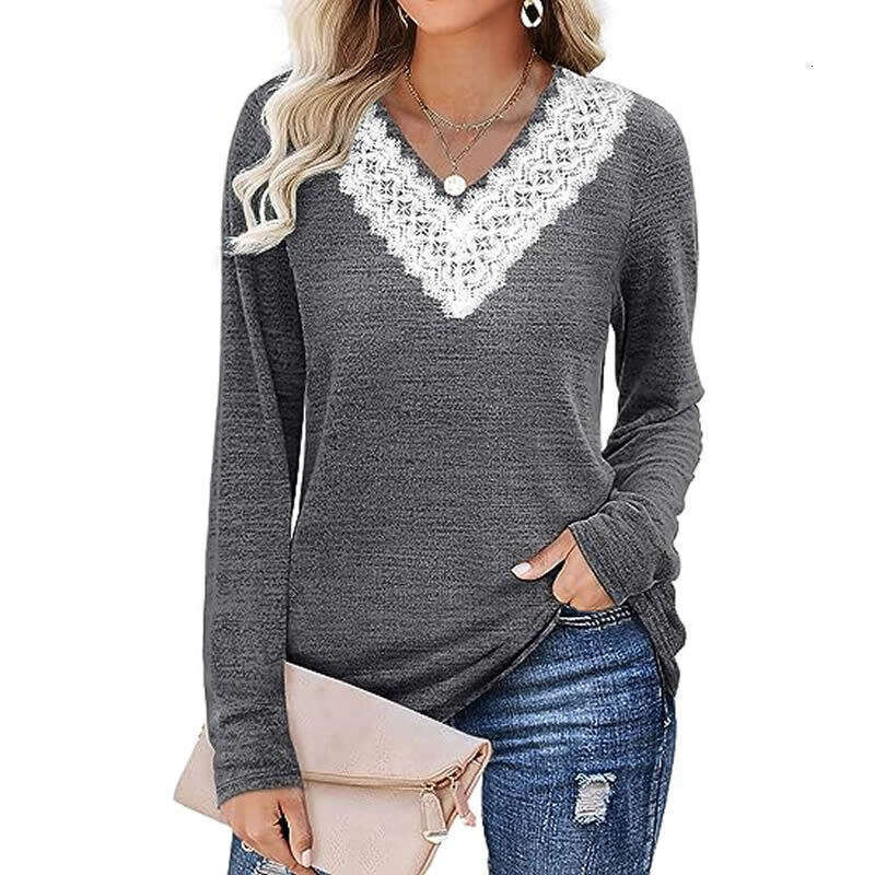 2024 Autumn/Winter New Solid V-Neck Loose Relaxed Long Sleeve T-shirt Top Womens Wear