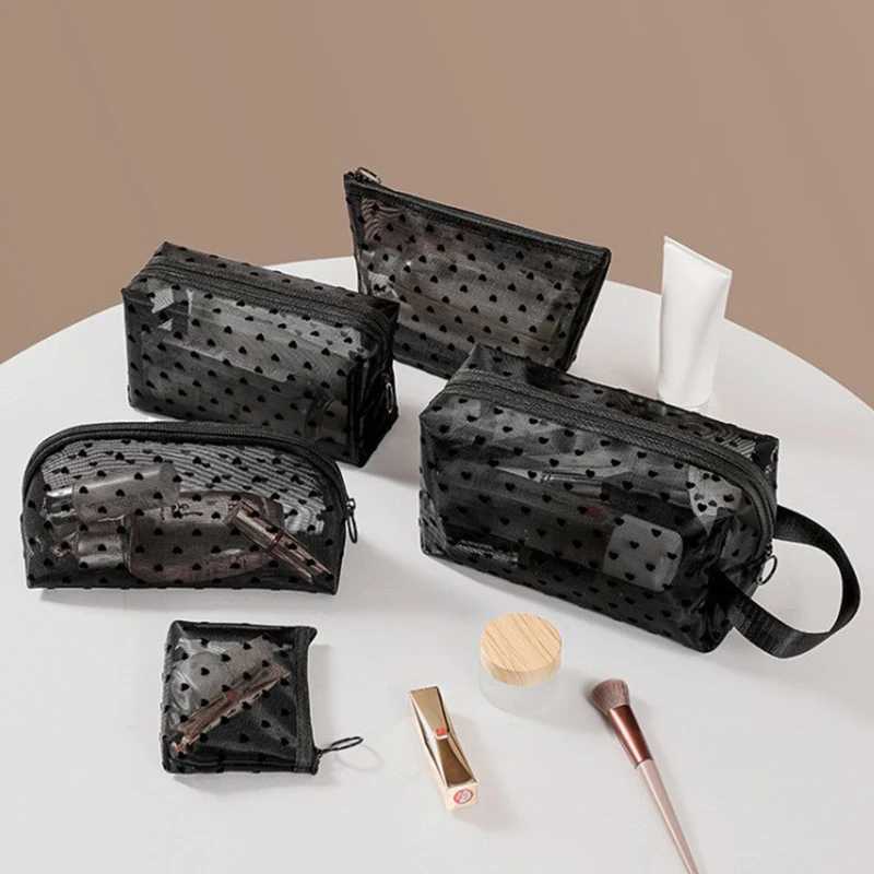 Love Print Black Mesh Cosmetic Bag Portable Toilet Organizer Cosmetic Bag Multi functional Transparent Female lipstick Storage Bag W250109