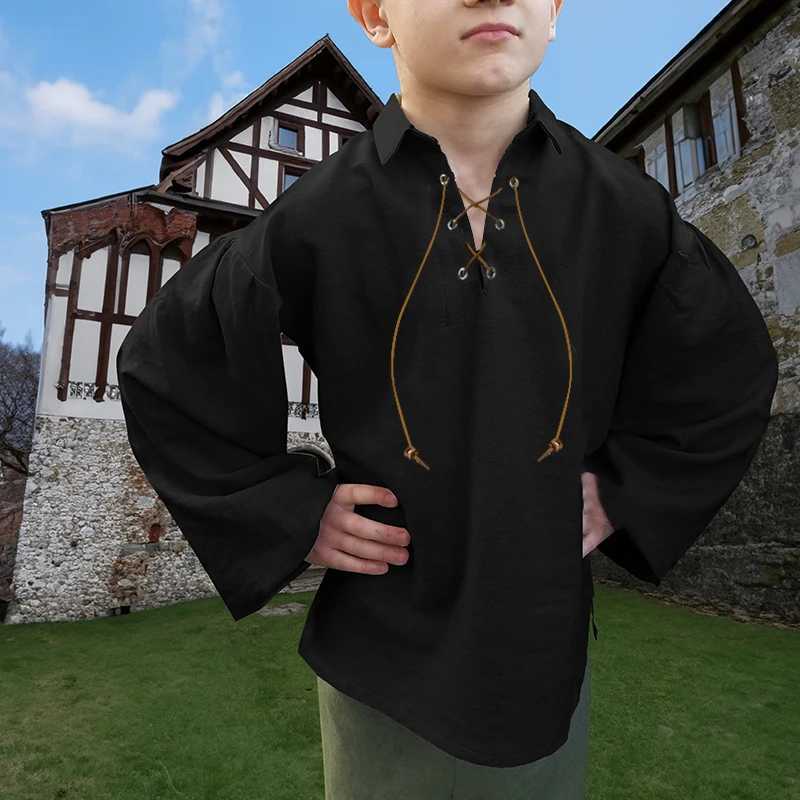Boys Medieval Pirate Shirt Kids Renaissance Lace up Halloween Scottish Jacobite Ghillie Costume Tops Y240906