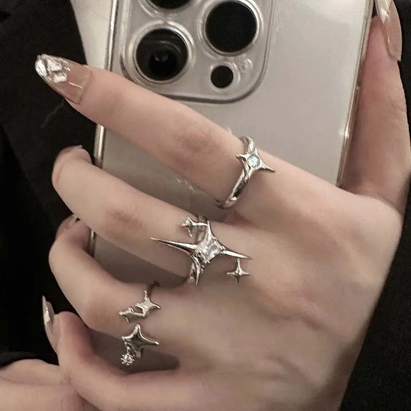 Vintage Irregular Cross Star Open Ring Mens Punk Gothic Silver Adjustable Couple Ring Y2K Egirl Jewelry Gift 240905