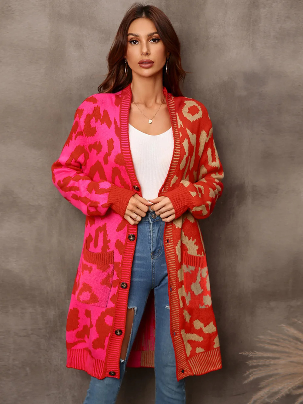 Womens Knitted Open Sweater Vneck Full Sleeve Printed Midi Jumper Thick Splicing Single Chest Regular Winter 240905
