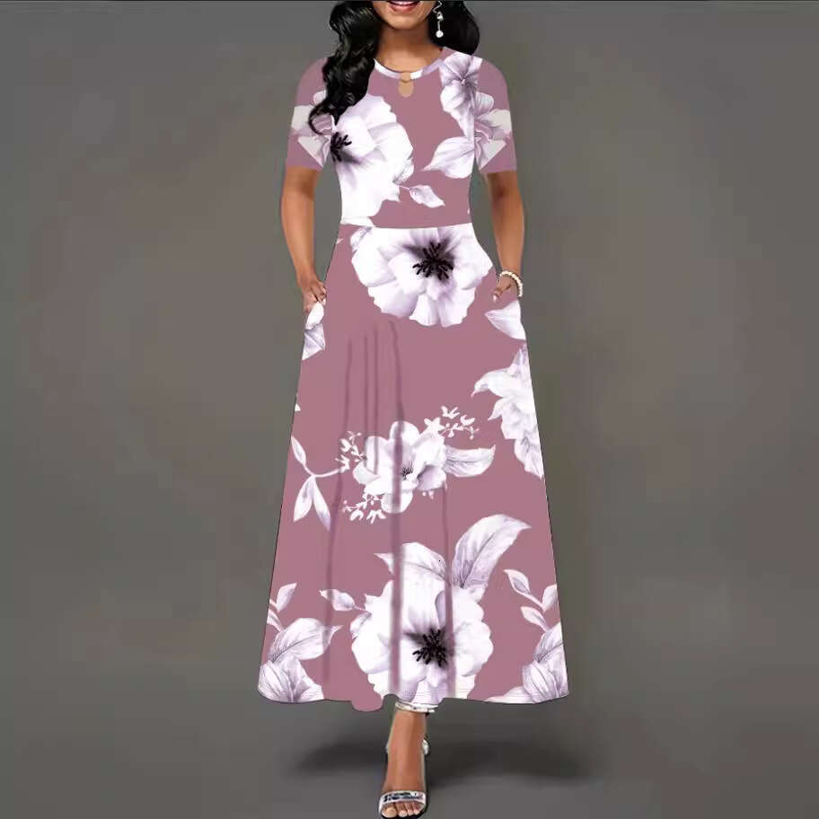 2024 Women's Loose Sleeve with High Waist, Large Pocket, V-neck Long Dress for Women