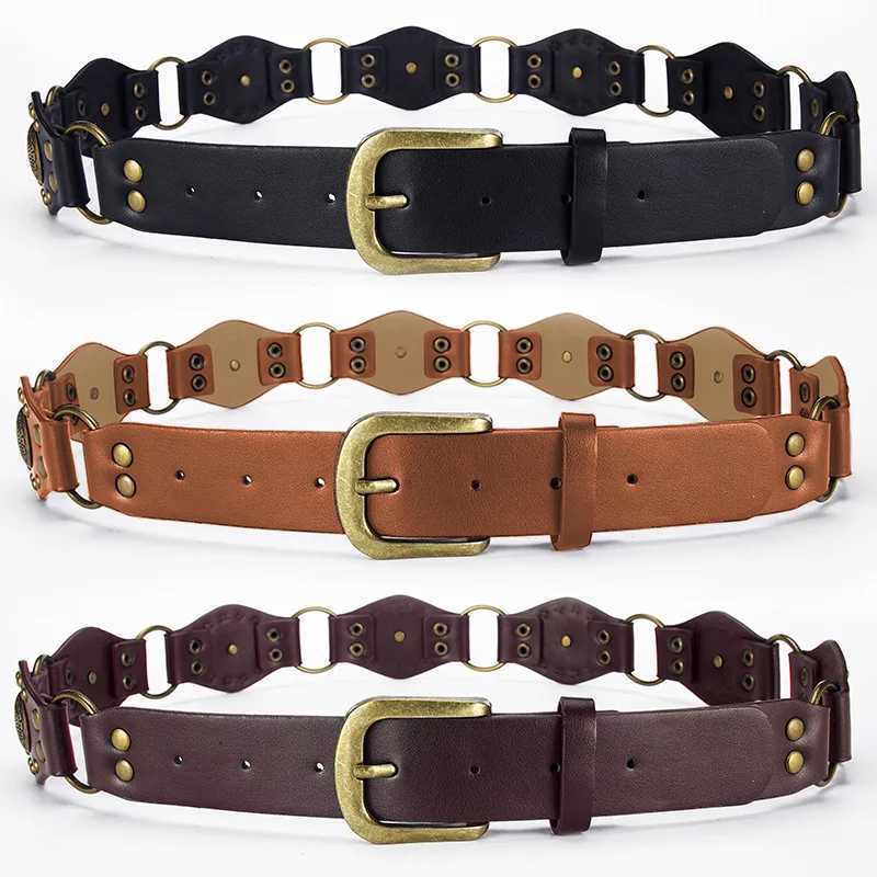Gothic retro womens belt personalized trend Pu leather splicing girl fashion casual fully matched dress buckle belt W240905