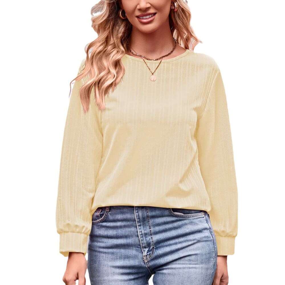 2024 Autumn New Womens Solid Color Double Line Jacquard T-shirt Long Sleeve Top