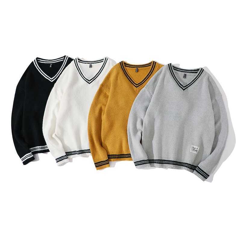 Korean Popular Clothes Men Sweaters Solid Color V-neck Long sleeve Knitted Male Pullover Winter Fashion Warm Sweaters for Men Y240906