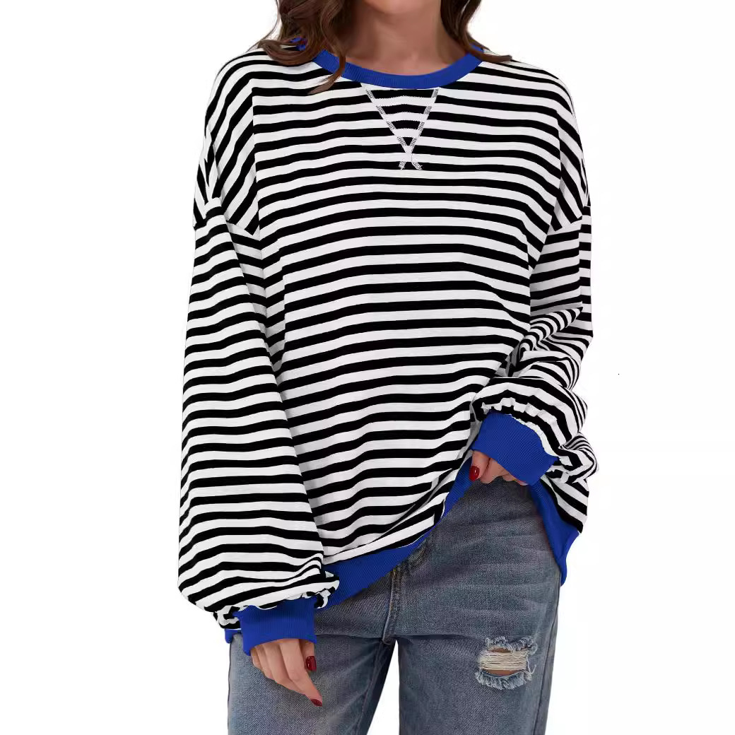 designer tshirt 2024 spring simple home cross border leisure new striped pattern round neck trendy long sleeve hooded color blocked tshirt