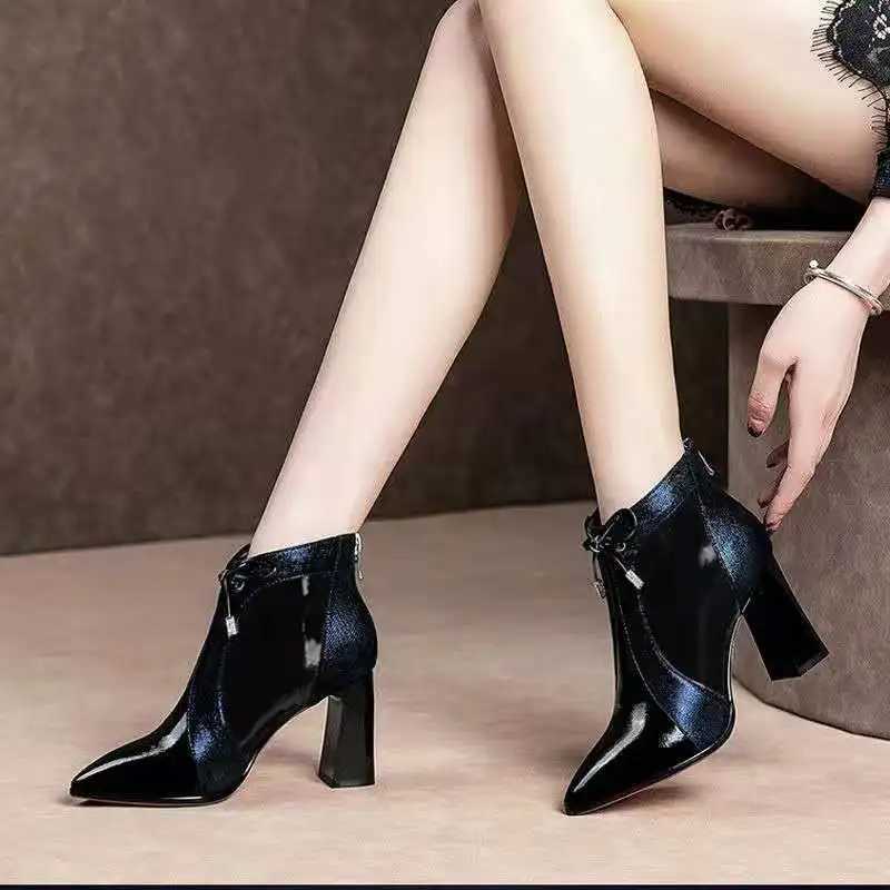 Womens high-heeled ankle boots autumn and winter shoes womens boots angular toes mixed color short Botas blue wine red down jacket CL240906