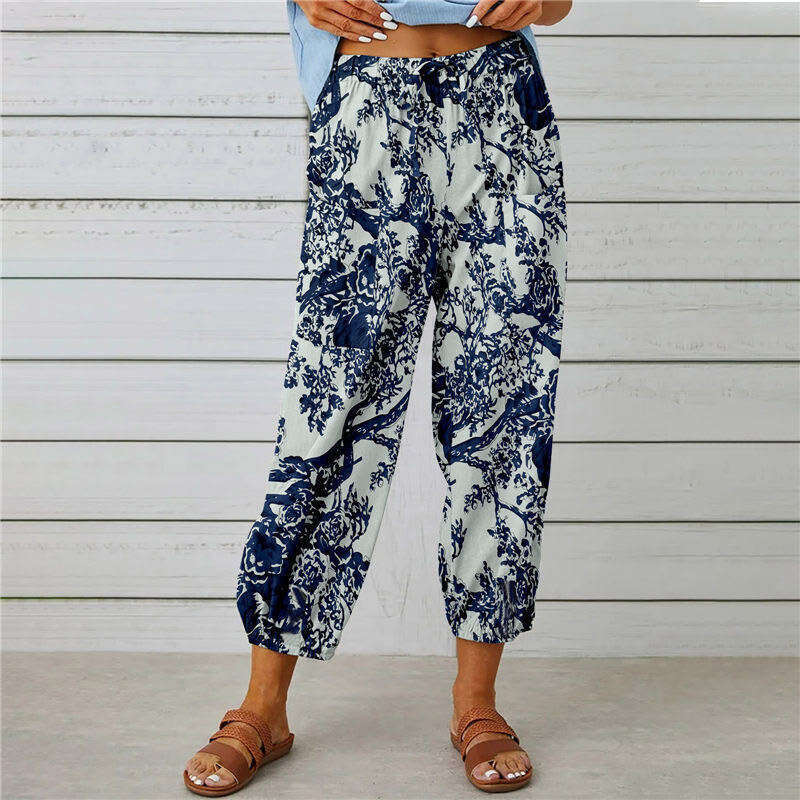 2024 new cotton linen women's high waisted drawstring cropped with elastic waistband and ankle print pants