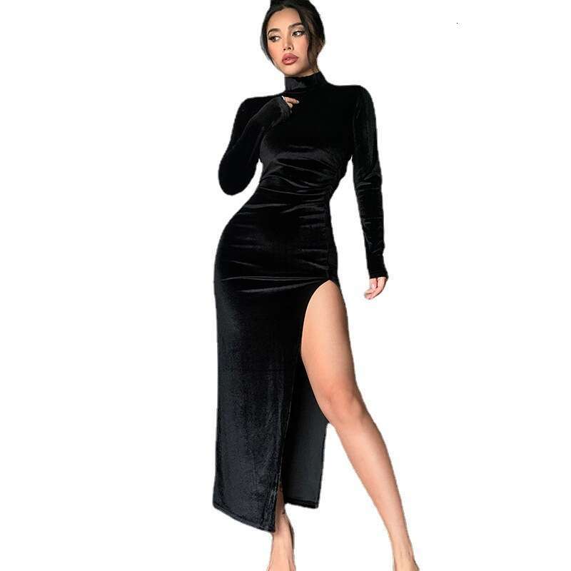 2023 Women's Fashion Autumn and Winter High Neck Velvet Long Slim Fit Pleated Split Dress