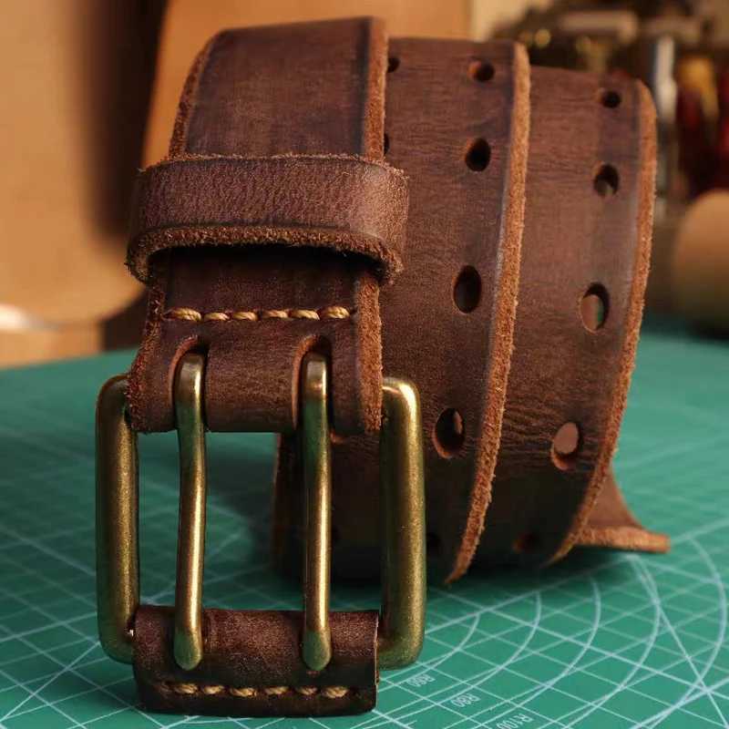 3.8cm mens denim belt mens casual retro luxury double claw pin copper buckle design real belt W240905