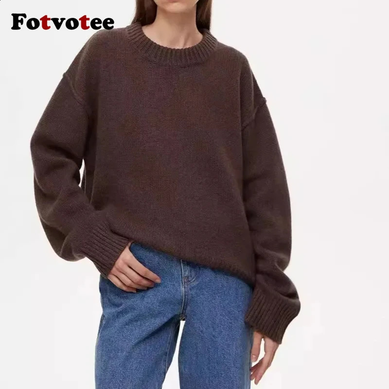 FOTVOTEE Womens Knitted ONeck Solid Casual Sweater Autumn Winter Fashion Long Sleeve Elastic Loose Jumper 240905