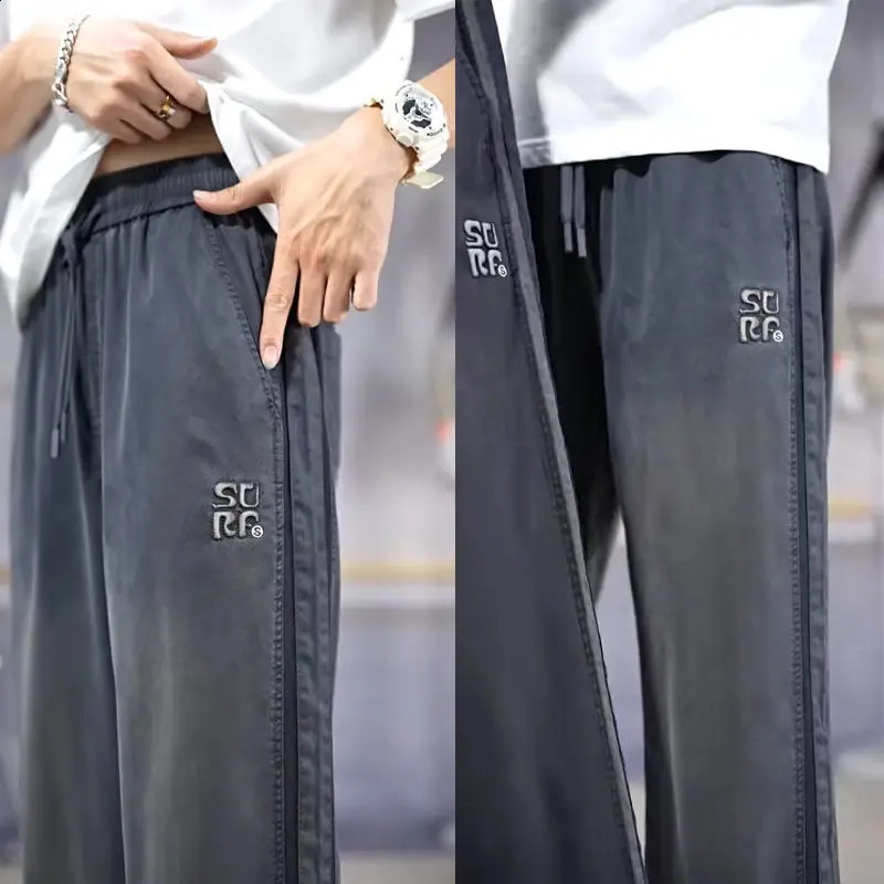 American retro high street straight jeans mens elastic waist drawstring splicing work stripe pocket fashionable casual wide leg pants 240905