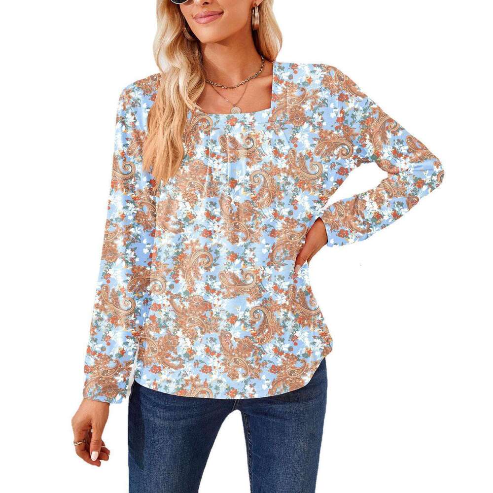 2024 Autumn/Winter Temu Square Neck Pleated Jacquard Long Sleeve Loose T-shirt Top Female