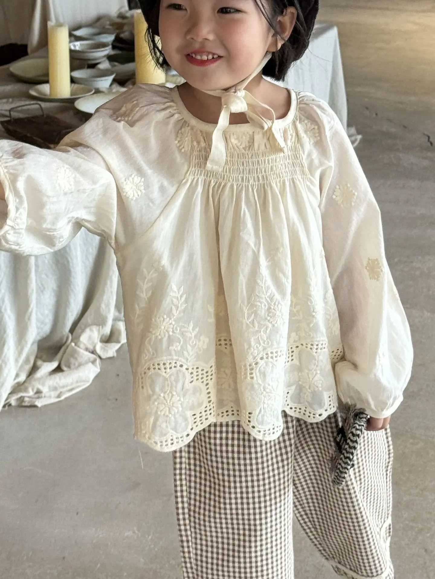 Autumn Girls Clothes Doll Shirt 2024 Korean Cute Sweet Cotton Embroidery Hollow-out Lace Girls Blouse Or Plaid Wide Leg Pants Y240906