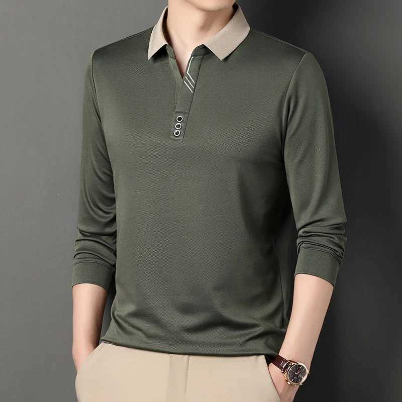 Autumn New Mens Long-sleeved Polo Shirt Business Casual Slim Elastic Top Fashion Classic Solid Color Male Brand TeesXJ240906
