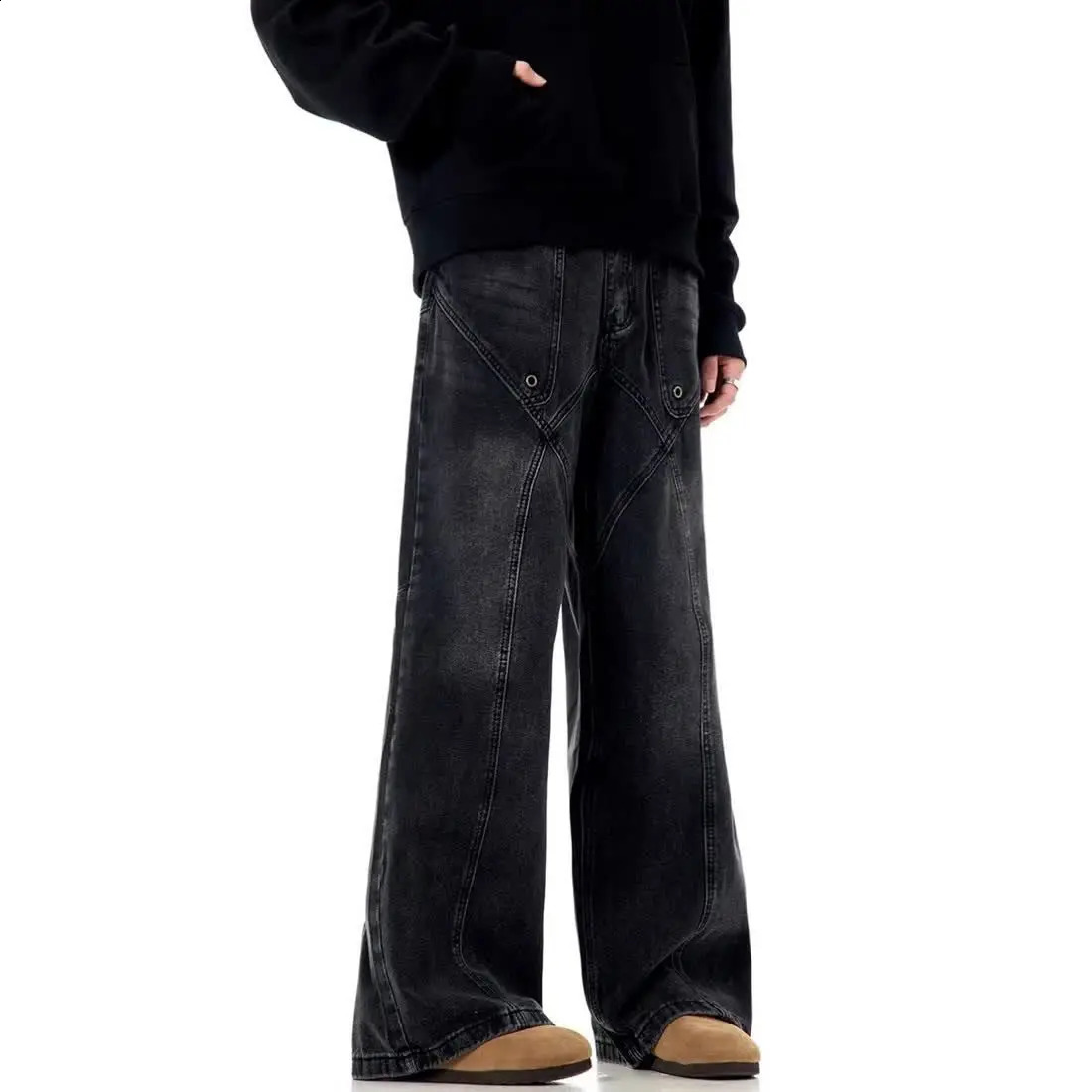 Street hiphop trendy patchwork washed jeans suitable for men and womens autumn retro loose wide leg Harajuku casual pants 240905