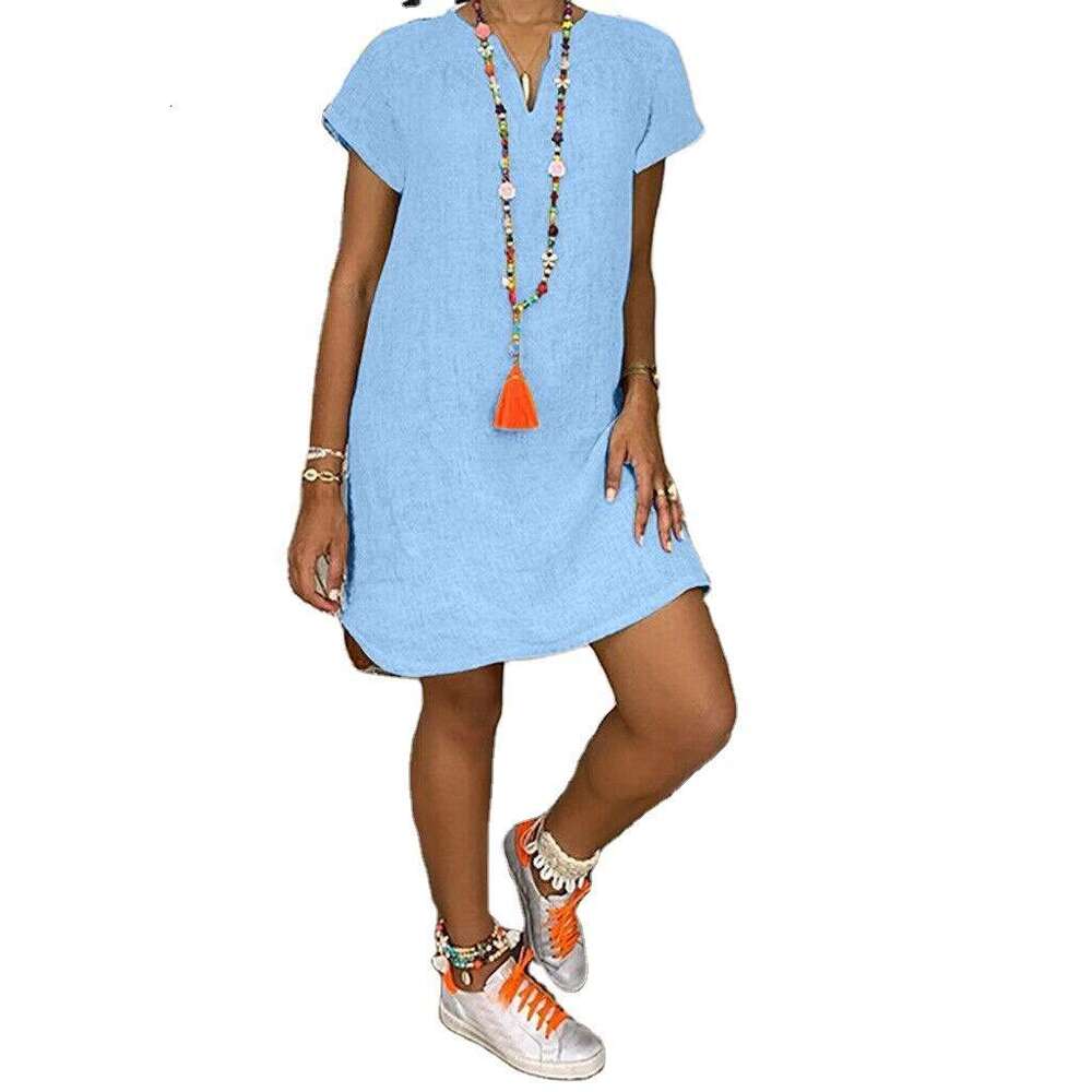 2023 new summer loose solid color short sleeved V-neck cotton linen dress for women