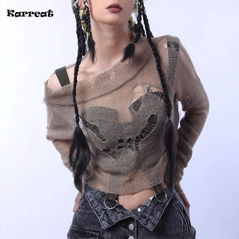 Karrcat Grunge Aesthetics Distressed Pullover Cyber Y2k Knitted Jumper Wilderness Punk Style Vacant Sweater Hole Broken Gothic 240904