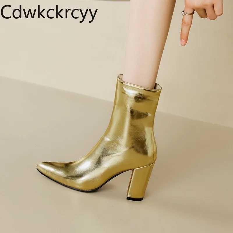Autumn and Winter New Fashion High Heels Womens Boots Gold Silver Sexy Party Square High Heels Womens Boots Size 34-46 CL240906