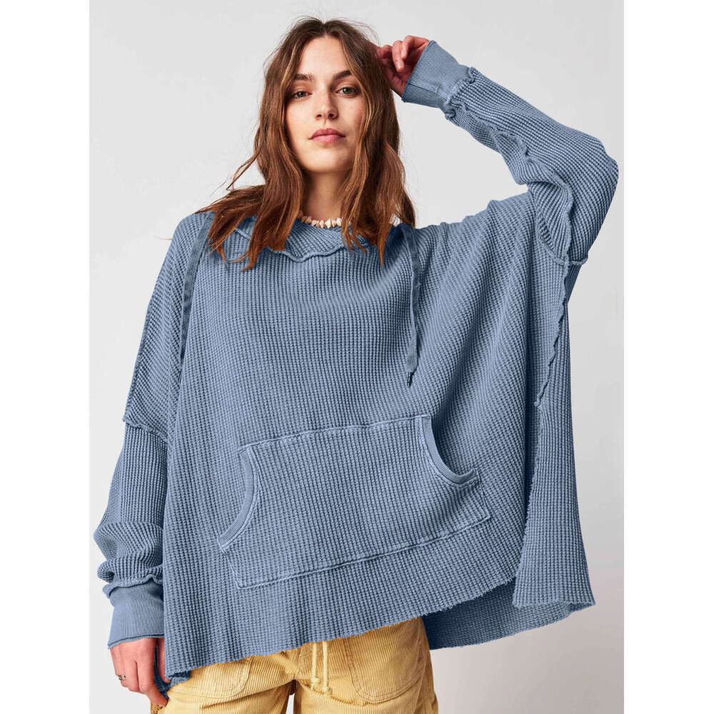 2024 Autumn Women's Loose Trendy Brand Solid Color Hoodie Waffle Long Sleeve Coat