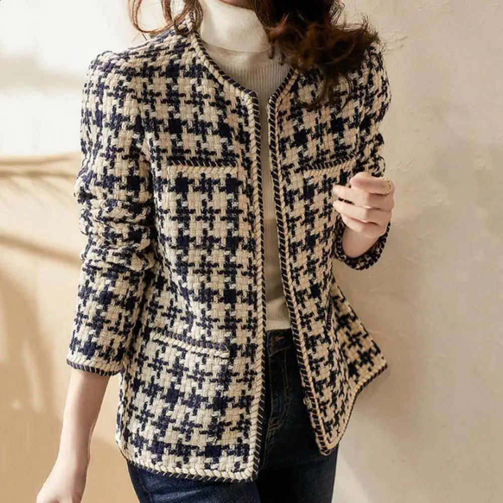 Vintage early autumn tweed womens jacket elegant and graceful womens black and white tweed womens winter cardigan 240906