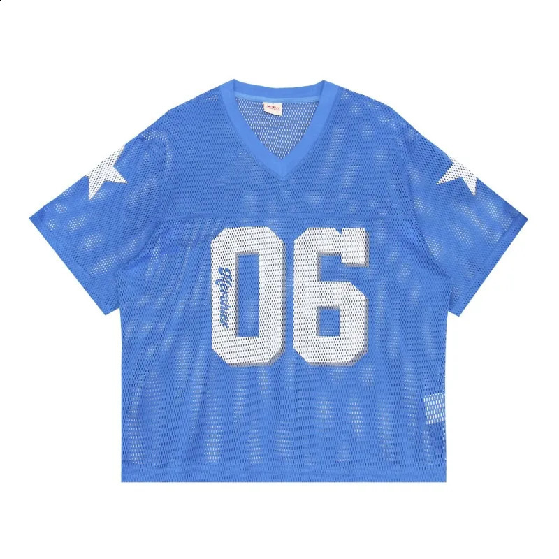 Red and Blue American Digital Printed Mesh Hollow V-neck Short Sleeved T-shirt for Men Summer Loose Casual Jersey Sports Tops 240906