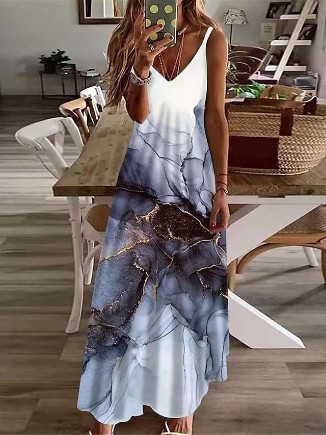 2023 Women's Summer V-neck Sexy A Version Long Loose Print Large Strap Dress