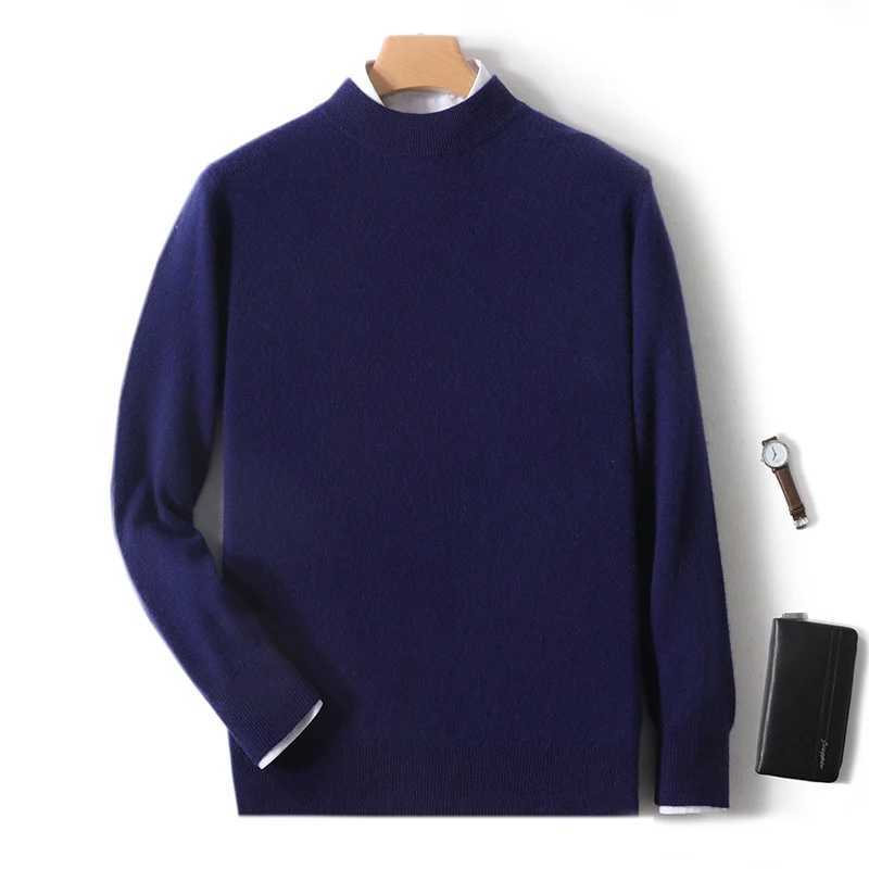 Essential mens 100% wool warm pullover sweater for autumn and winter double layered semi high neck basic seamless sweater Y240906