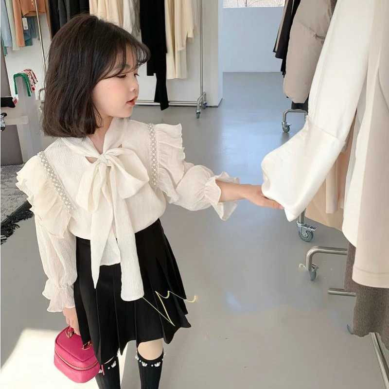 Autumn Girls Shirt Ladies Style Beaded Tie Bow Tops Pressurized Wrinkle Stitching Flared Sleeve Spring Girls Fashion Kids Outfit Y240906