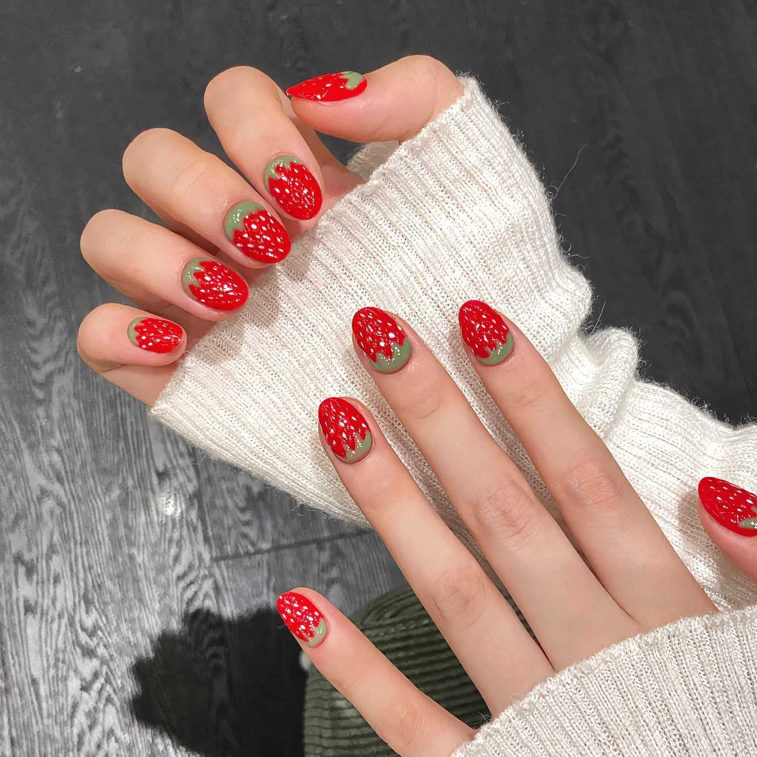 10 pieces of 3D strawberry handmade fake nails with short oval shaped red polka dots and fruit design pressed on nails worn by women/girls W240905